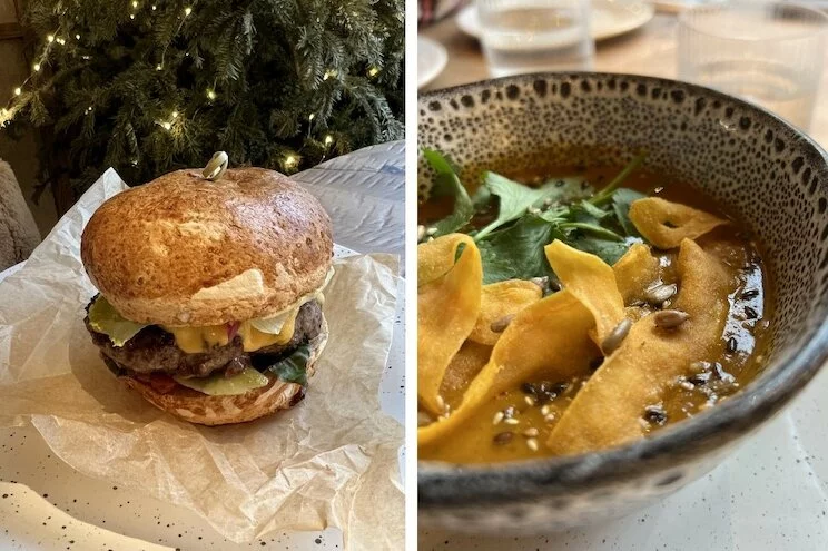 Бургер (420 руб.) и суп из копченого батата (390 руб.). Фото пользователя Instagram @dariaamuuz