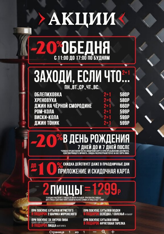 пиццерия «Lounge Beer Burger», Акции