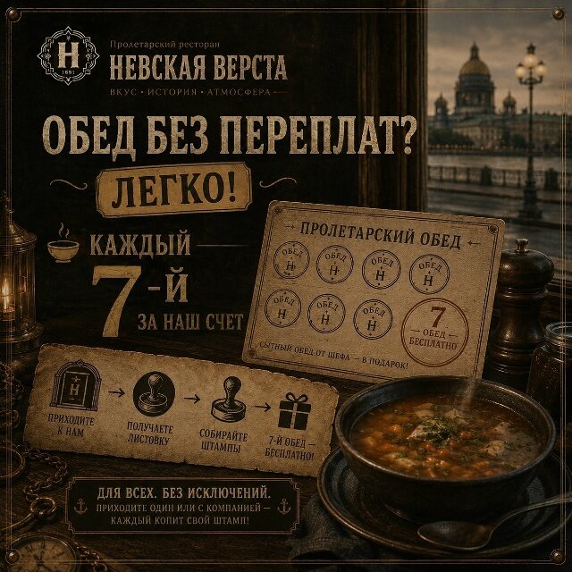 ресторан «Невская верста», Каждый 7-й обед бесплатно