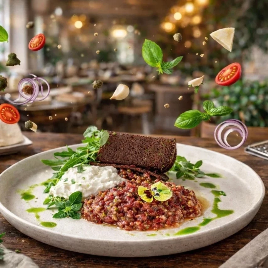 Тар-тар из говядины с рукколой и муссом пармезан. в ресторан Коктейль холл