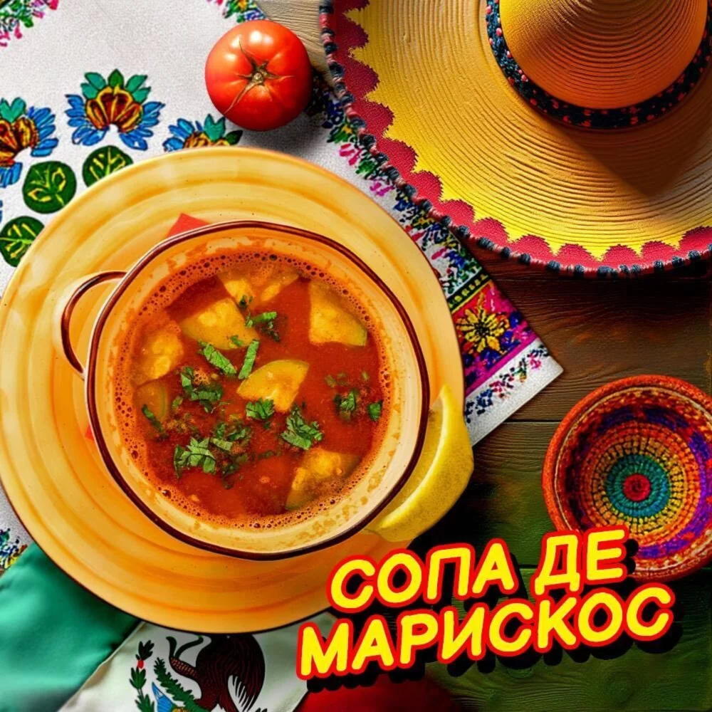 Сопа де марискас (суп с лососем, треской и тигровыми креветками) в ресторан Текила-Бум