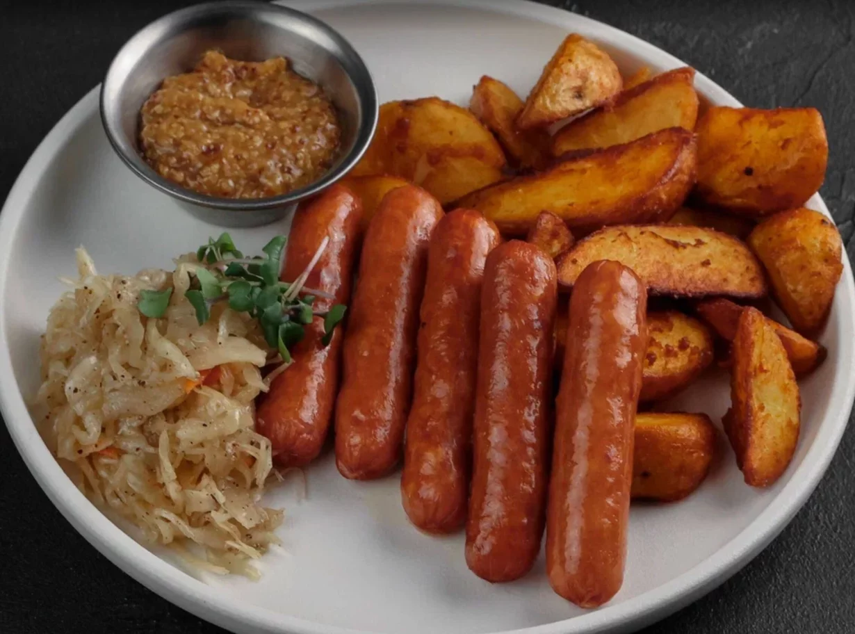 Колбаски пряные с сыром и картофелем Айдахо в ресторан По Чесноку