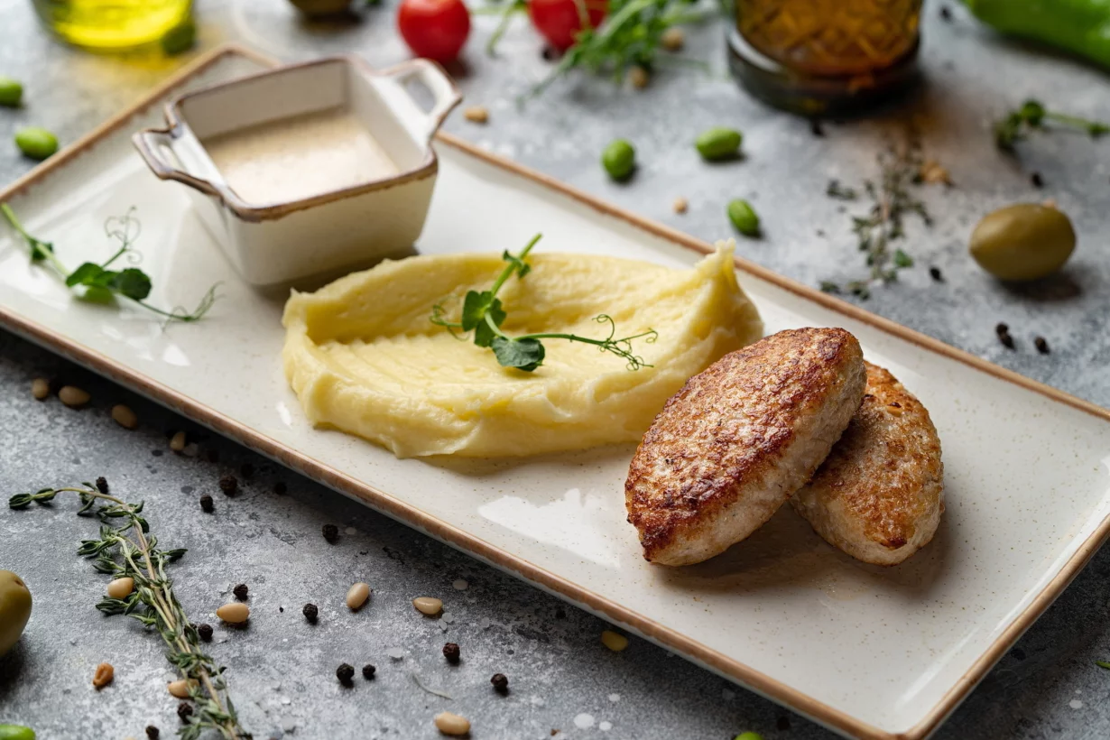 Куриные котлеты с картофельным пюре и грибным соусом в ресторан Pioppo Albero