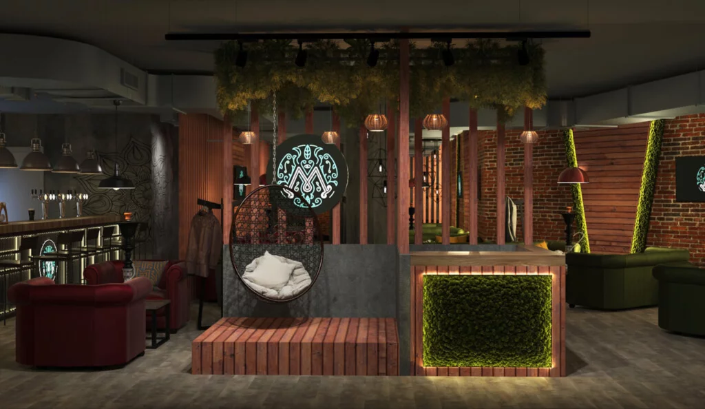 Интерьер/Экстерьер/Банкетная зона/Бар/Стол для двоих/Вход/Главный зал/Lounge зона кальянная Мята Lounge фото