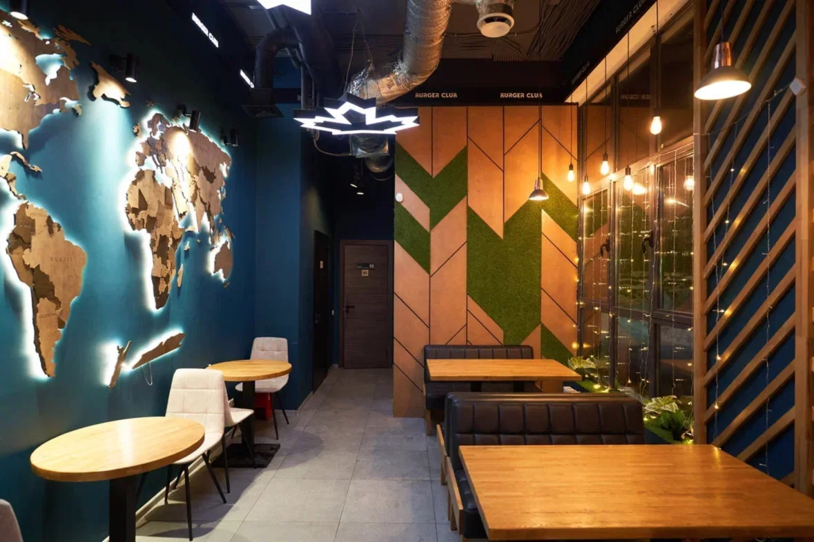 Интерьер/Экстерьер/Банкетная зона/Бар/Стол для двоих/Вход/Главный зал/Lounge зона бургерная Бургер клаб фото