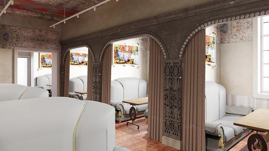 Интерьер/Экстерьер/Банкетная зона/Бар/Стол для двоих/Вход/Главный зал/Lounge зона ресторан Огниво фото