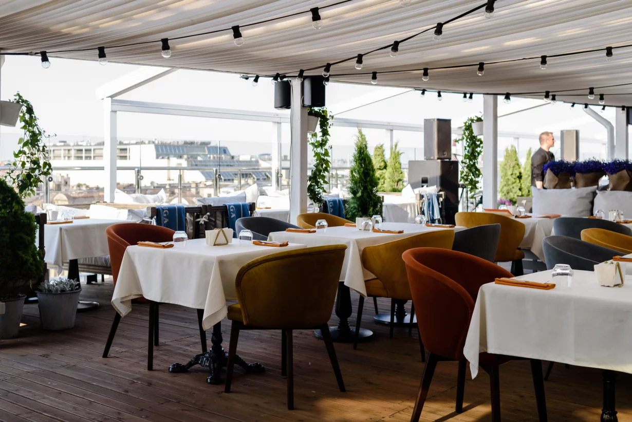 Интерьер/Экстерьер/Банкетная зона/Бар/Стол для двоих/Вход/Главный зал/Lounge зона ресторан Паруса на крыше фото