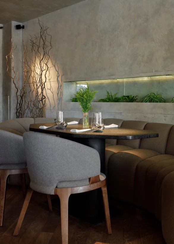 Интерьер/Экстерьер/Банкетная зона/Бар/Стол для двоих/Вход/Главный зал/Lounge зона ресторан Айна фото