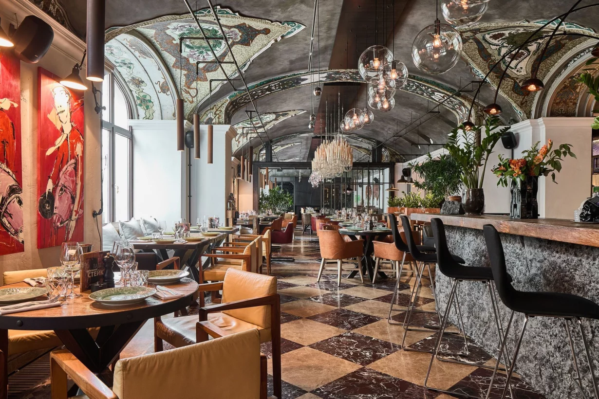 Интерьер/Экстерьер/Банкетная зона/Бар/Стол для двоих/Вход/Главный зал/Lounge зона стейк-хаус Рыбы нет фото