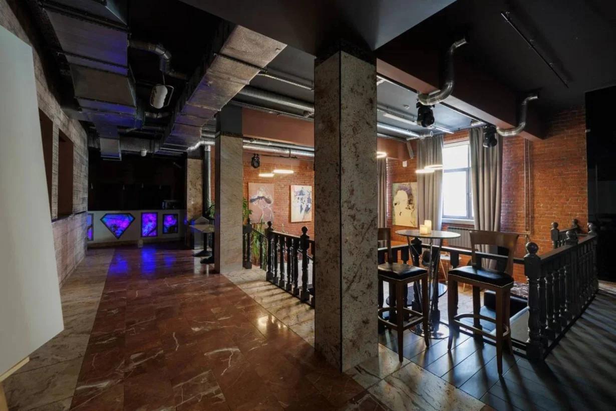 Интерьер/Экстерьер/Банкетная зона/Бар/Стол для двоих/Вход/Главный зал/Lounge зона лофт Партия фото